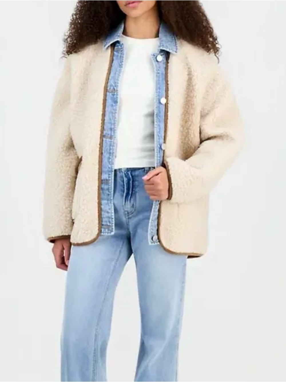 Cozy Cream Teddy Jacket with Brown Trim — Women's Plush Outerwear